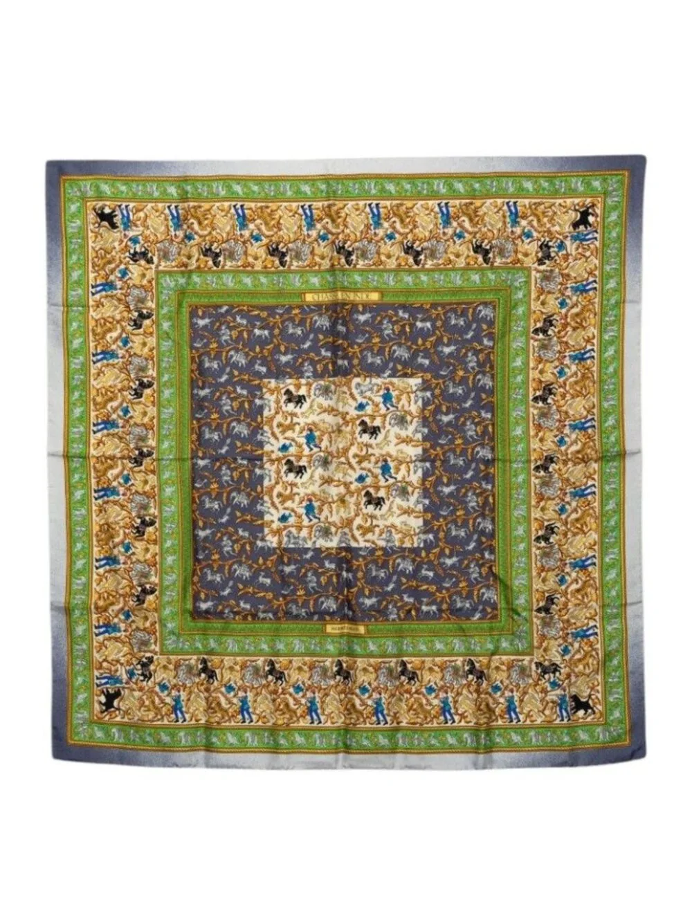 Hermes Carre 90 Chasse en Inde Indian Hunting Scarf Green Silk